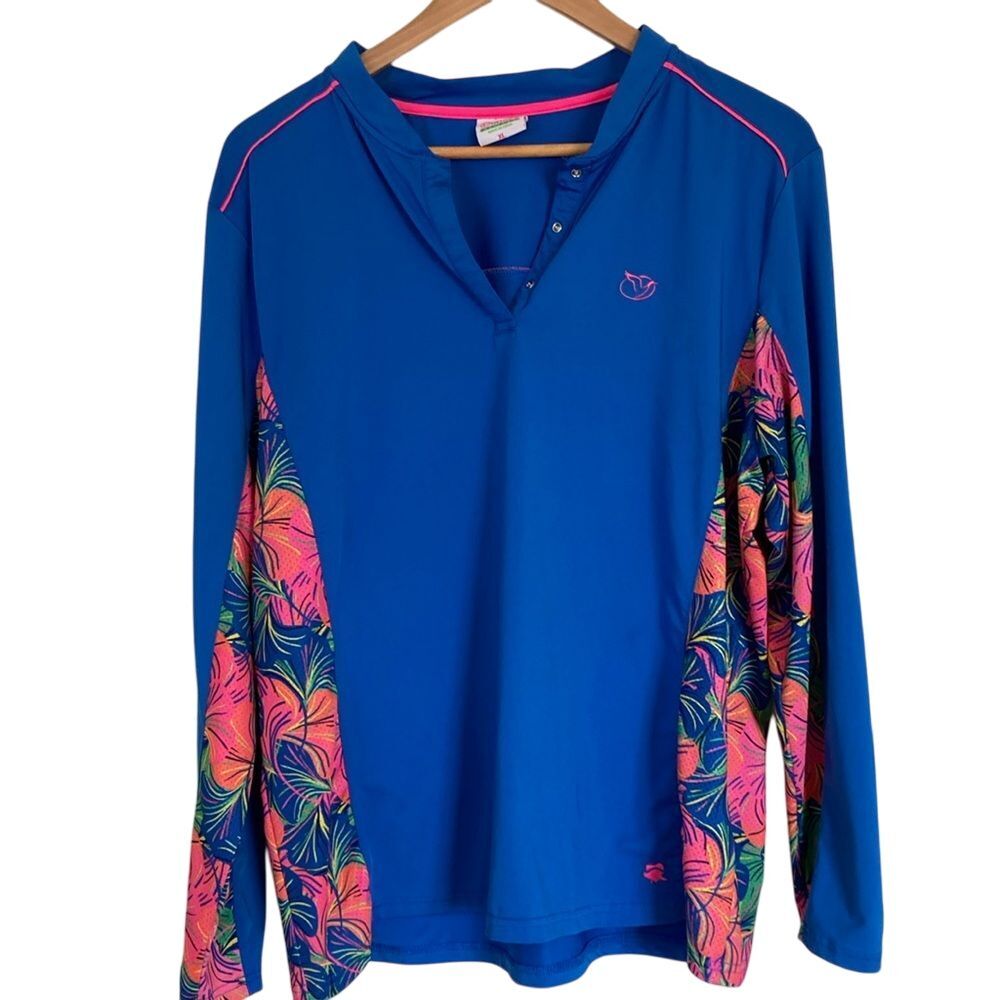 Birdies‎ and Bows Womens Quarter Snap Pullover Size XL Blue Pink Floral Athletic